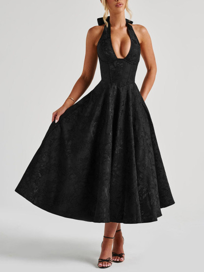 Vintage Elegant Jacquard V-Neck Halter Midi Dress