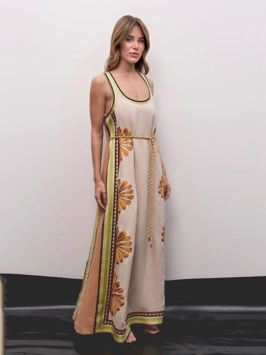 Bohemian Floral Print Sleeveless Maxi Dress With Waist Tie