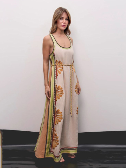 Bohemian Floral Print Sleeveless Maxi Dress With Waist Tie