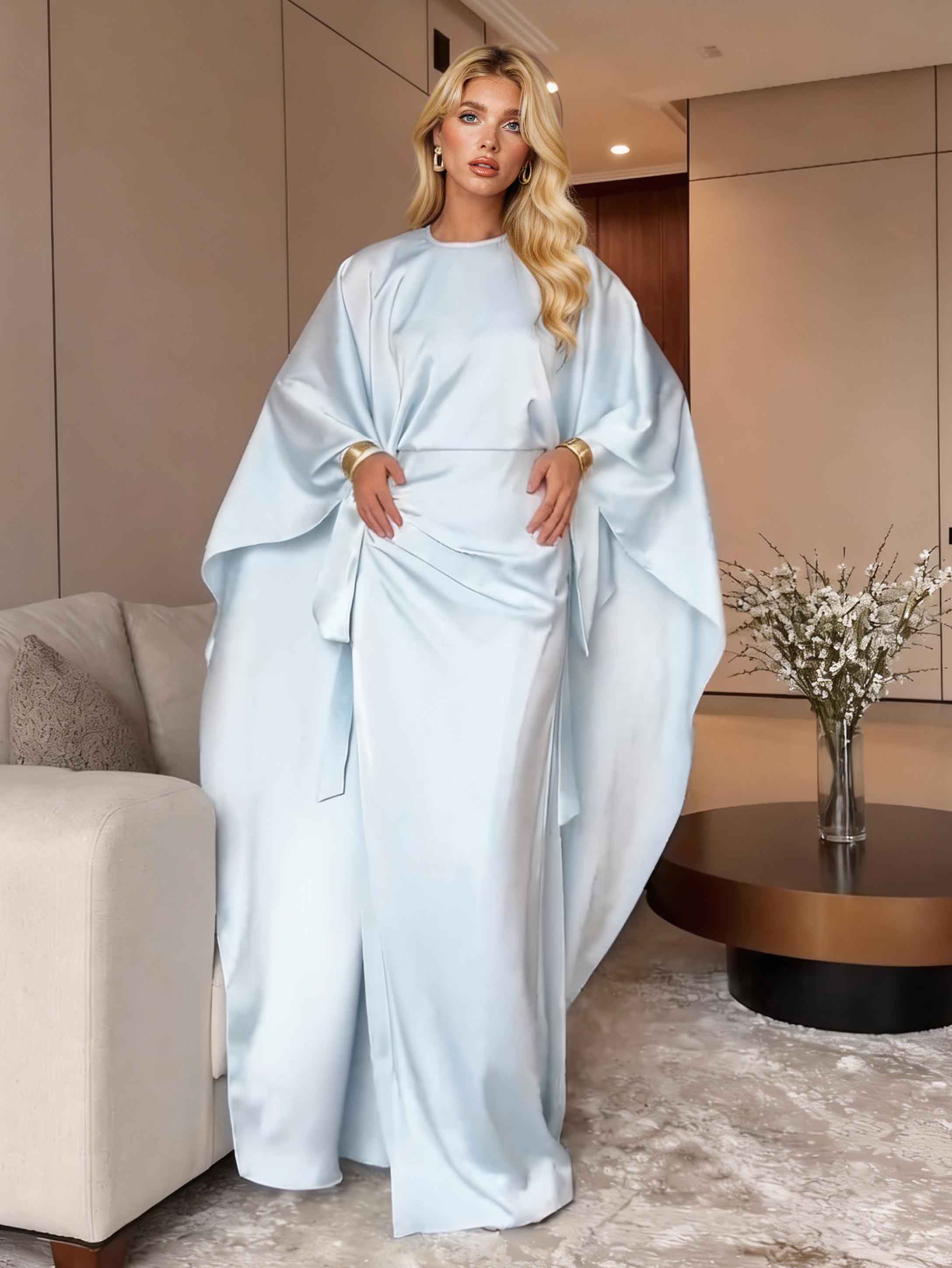 Elegant Satin Pleated Batwing Sleeve Maxi Dress