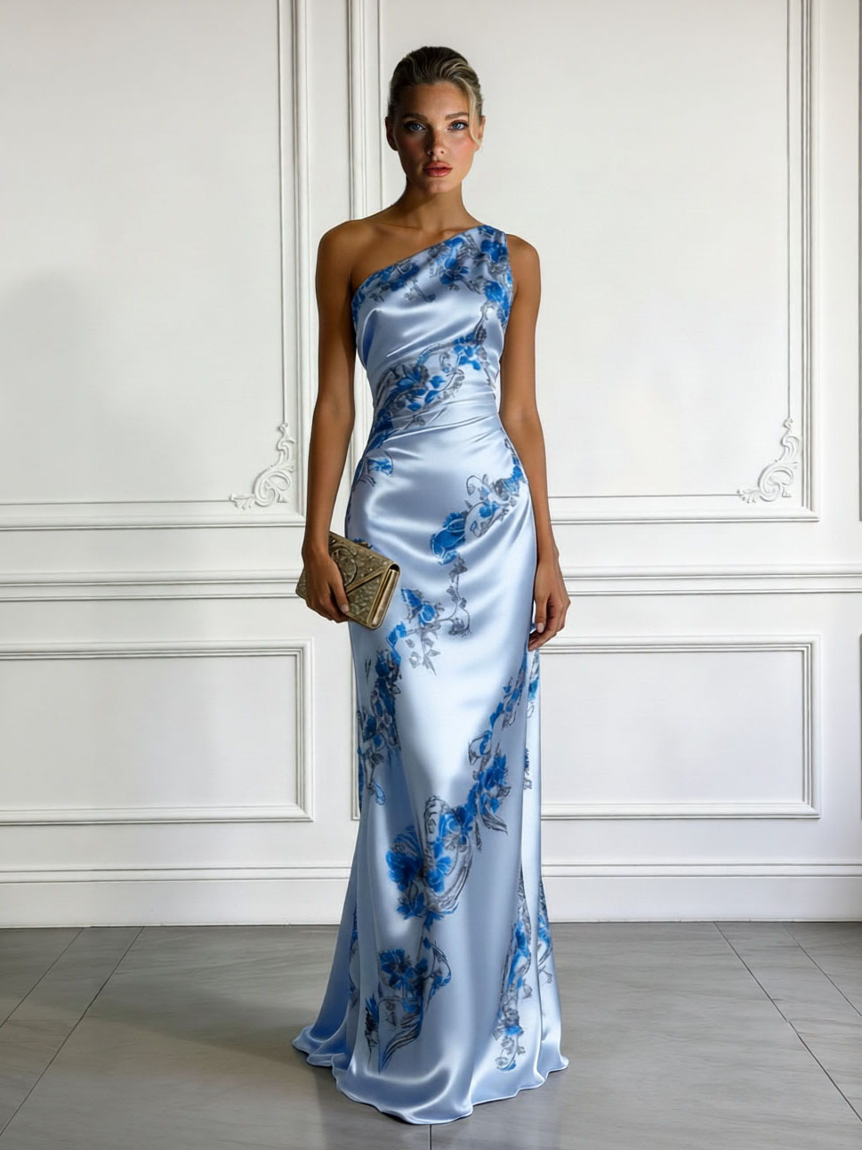 Elegant One-shoulder Floral Satin Maxi Dress