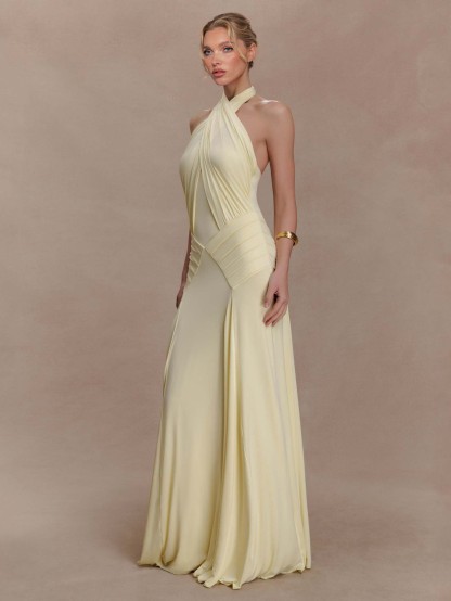 Elegant Pleated Fitted Backless Maxi Dress