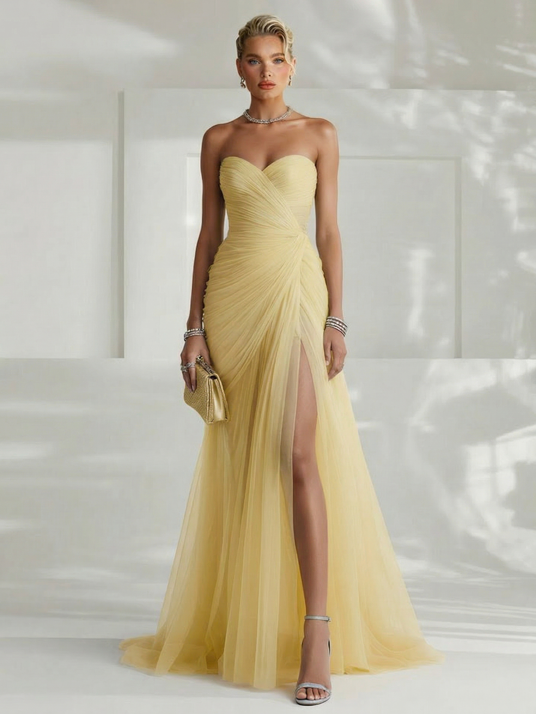 Elegant Yellow Strapless Pleated Tulle Maxi Dress