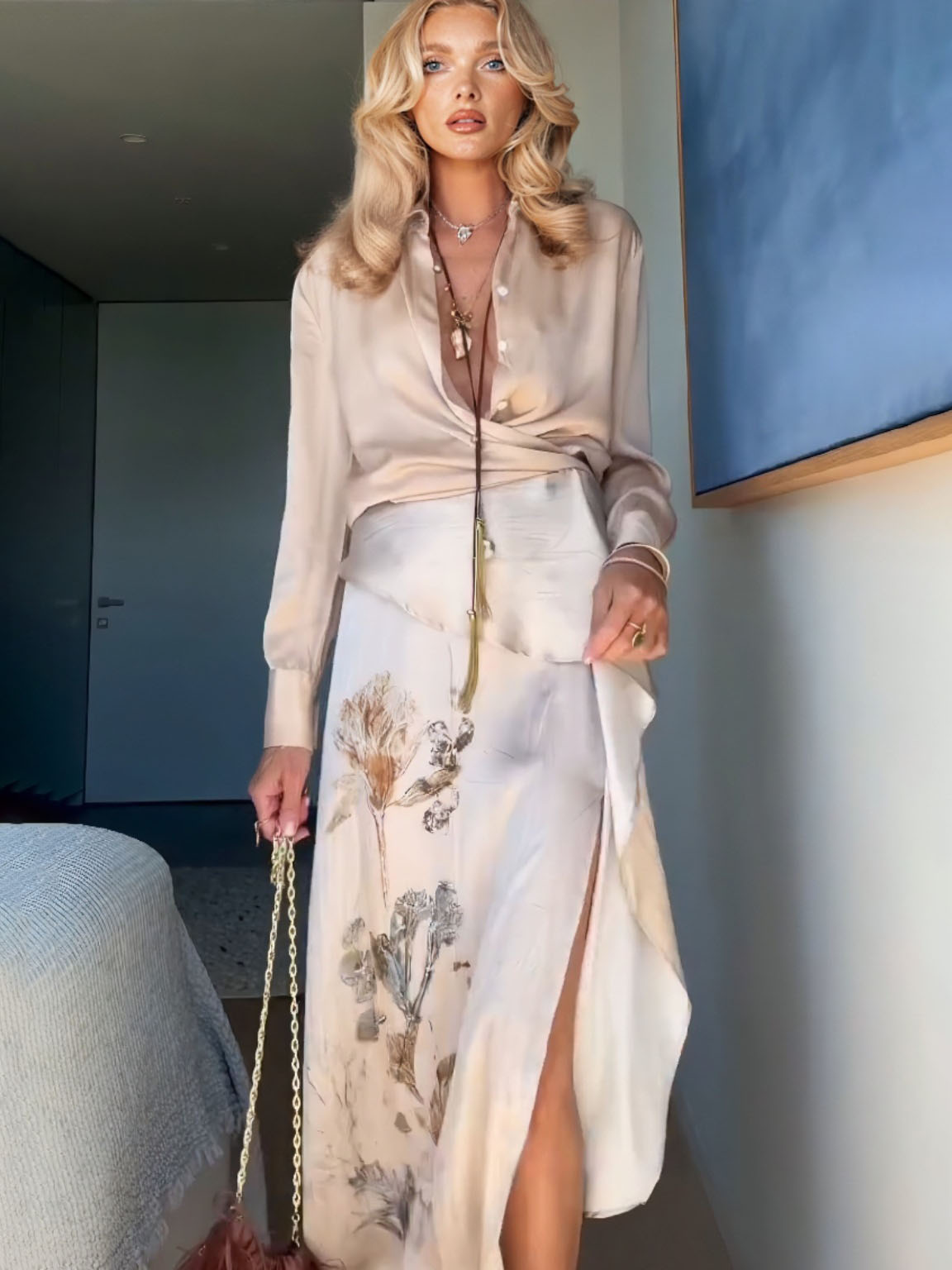 Elegant Knotted Blouse Paired With A Printed Skirt Two-piece Set