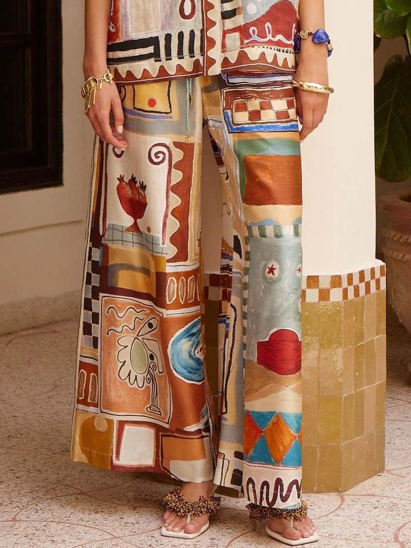 Exquisite Art Floral Print Wide-Leg Pants