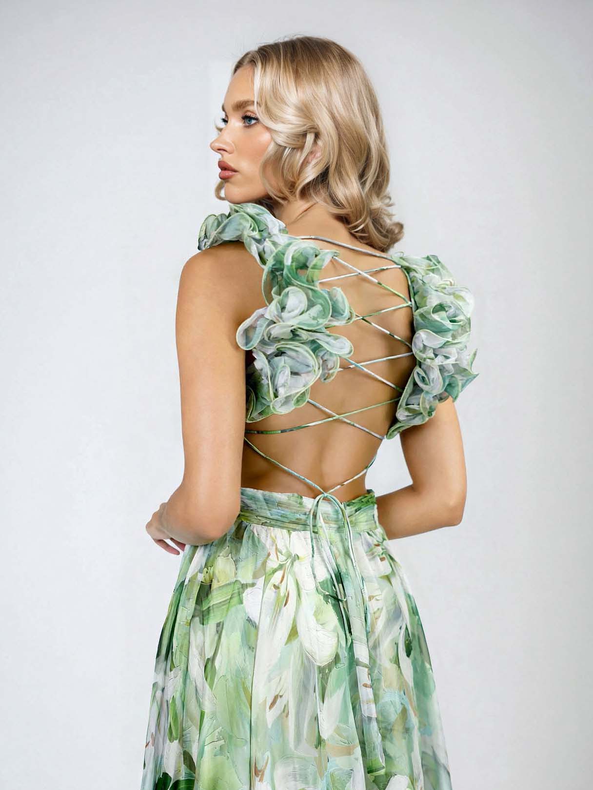 Elegant Lily Print Tiered Ruffle Shoulder Maxi Dress