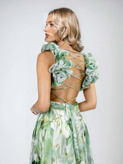 Elegant Lily Print Tiered Ruffle Shoulder Maxi Dress