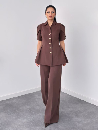 Elegant Puff Sleeve Top And Straight-Leg Trousers Two-Piece Set