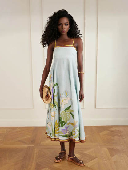 Unique Floral Print Linen Midi Dress