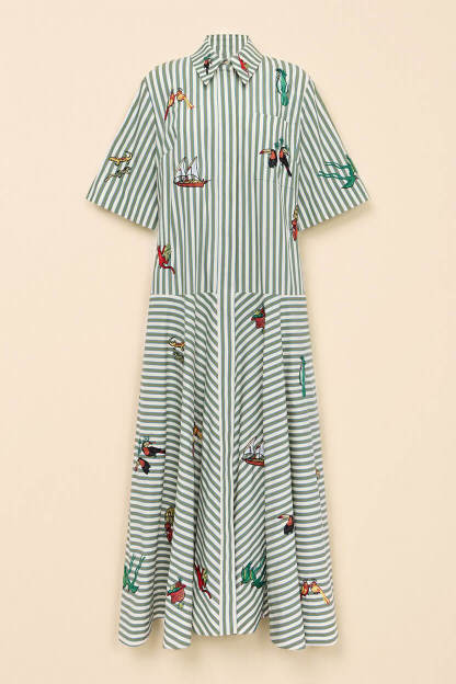 Classic Striped Button-Front Tie-Waist A-Line Maxi Shirtdress