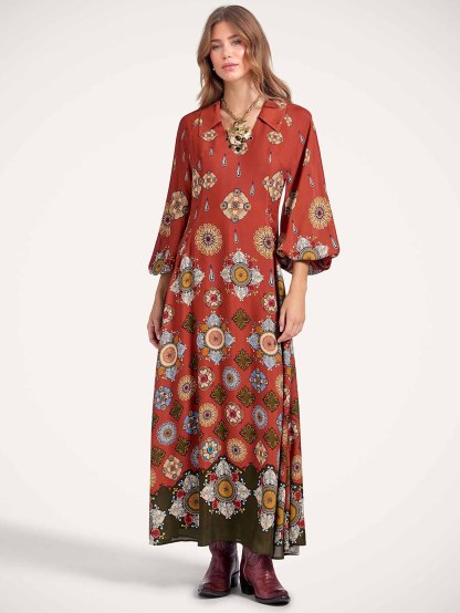 Elegant Satin Printed Shirt Collar Long Sleeve Maxi Dress