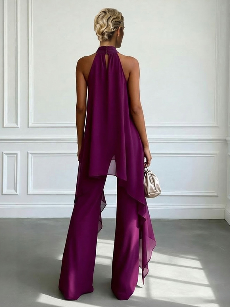 Elegant Halter Neck Asymmetric Chiffon Top & Wide-Leg Pants Set