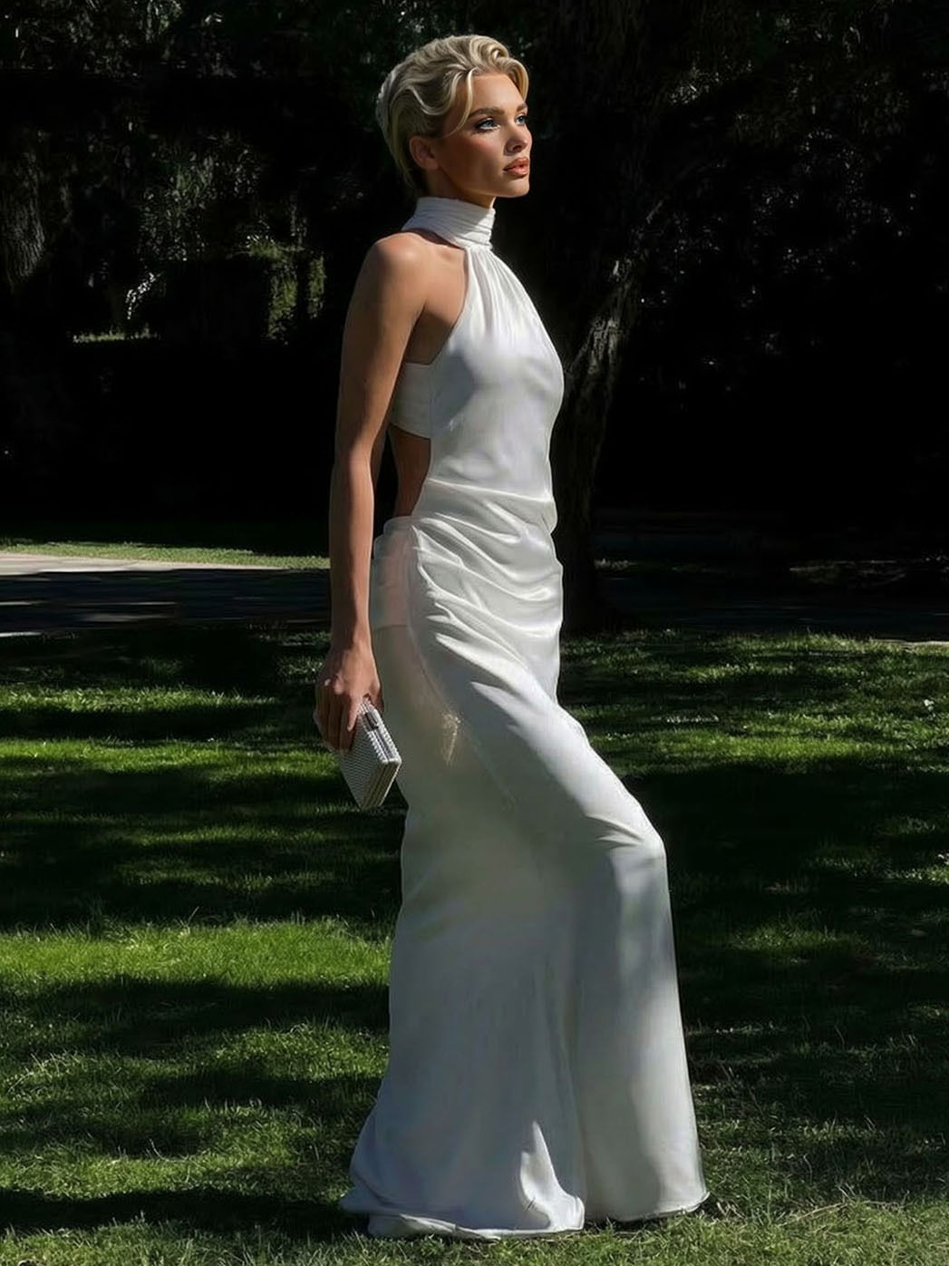 Elegant Satin Backless Ruched Bodycon Maxi Dress