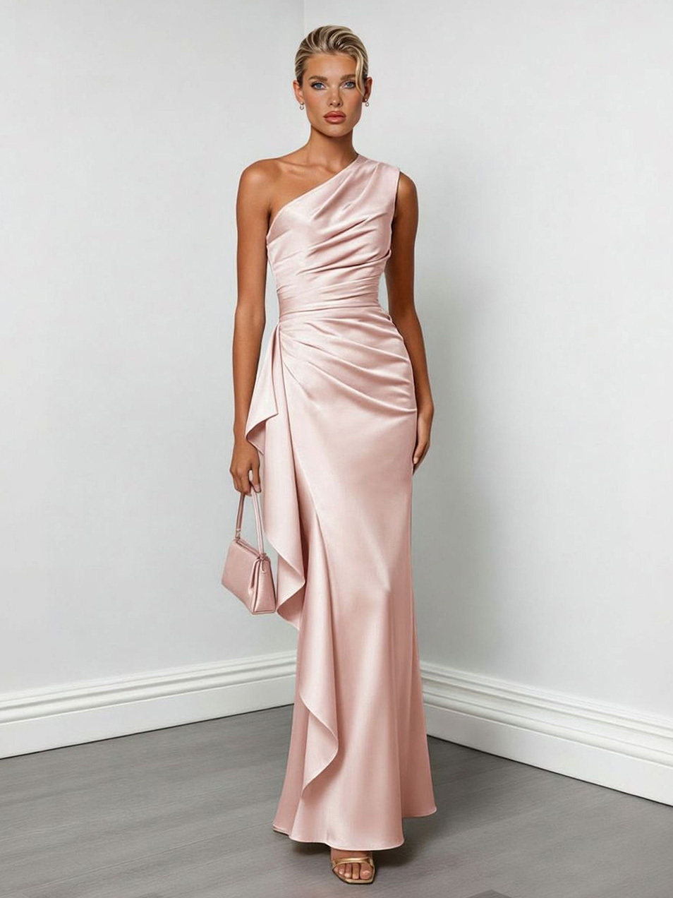 Elegant One-Shoulder Ruched Satin Maxi Dress