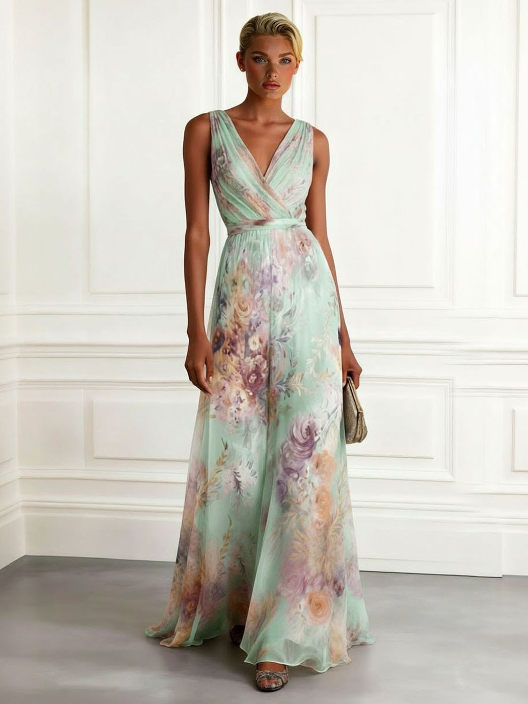 Elegant Floral Print V-Neck Sleeveless Chiffon Maxi Dress