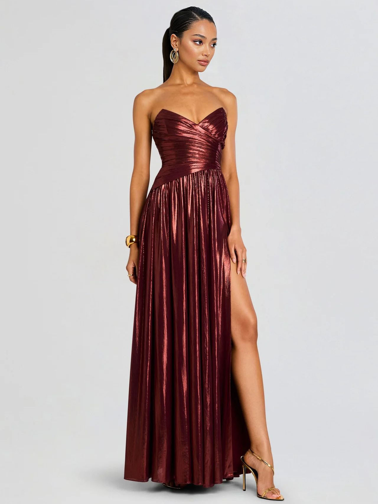 Elegant Strapless Metallic Pleated Floor-length Maxi Dress