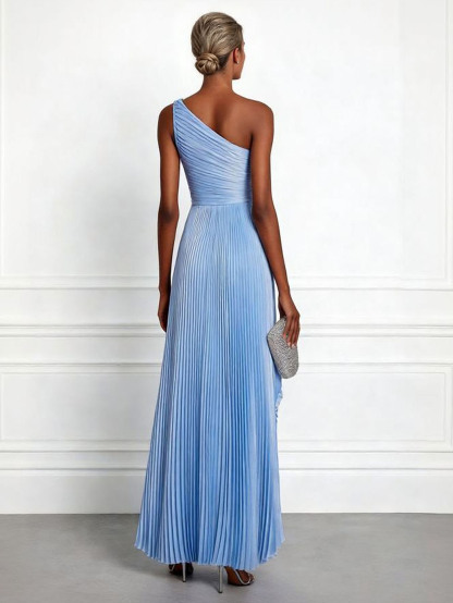 Elegant One-Shoulder Pleated Asymmetrical High-Slit Maxi Dress