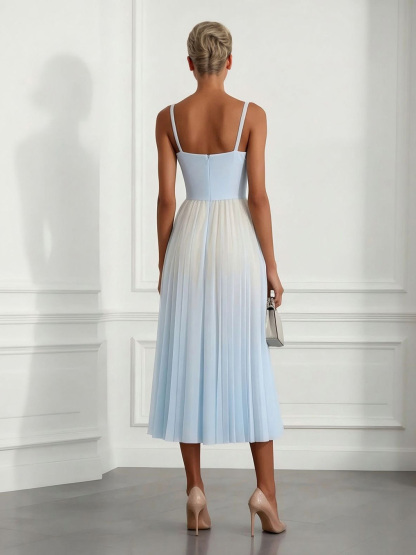 Elegant Pleated Gradient Spaghetti Strap Midi Dress