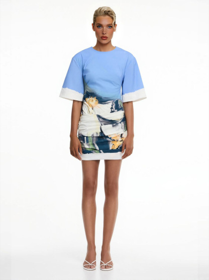 Elegant Short Sleeve Abstract Floral Print Mini Dress