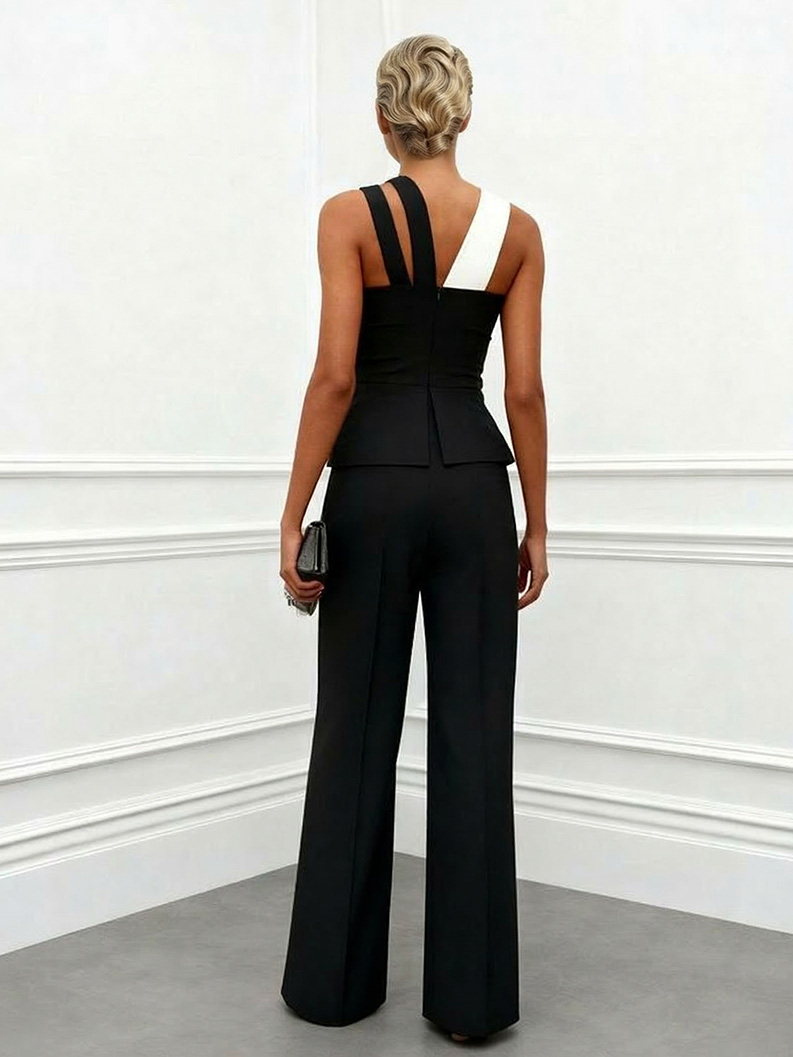 Elegant Colorblock Asymmetric Top & Wide-Leg Pants Two-Piece Set