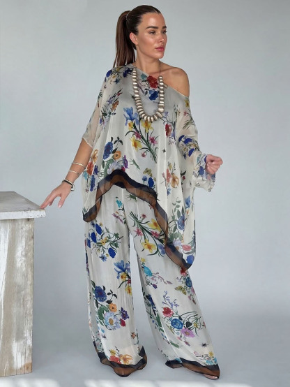 Elegant Sheer Floral Print Asymmetrical One-Shoulder Top & Wide Leg Pants Set