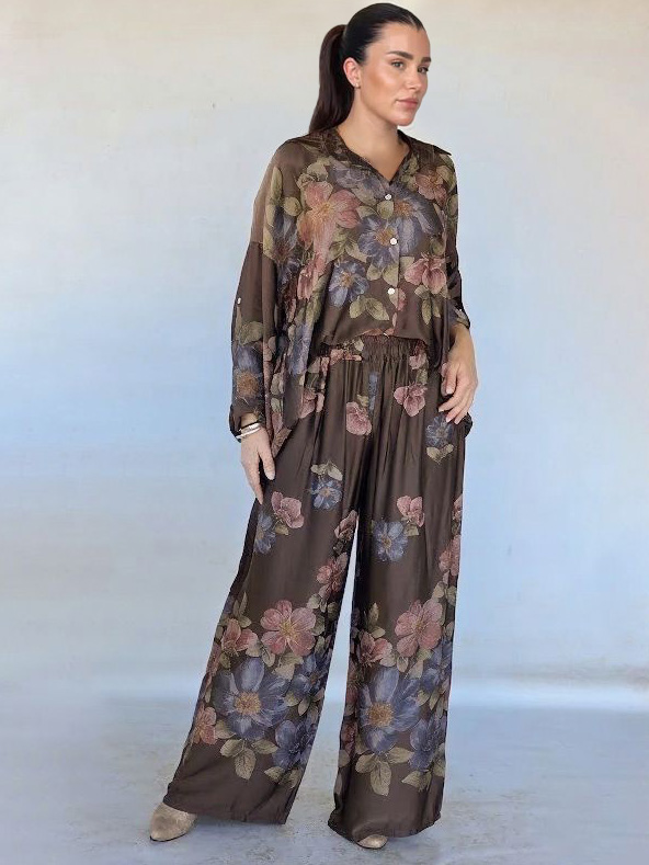 Retro Floral Print Collared Shirt & Elastic Waist Wide-Leg Pants Two-Piece Set