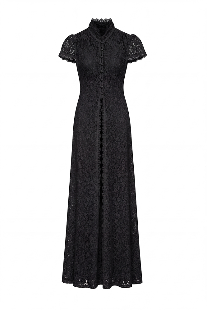 Black Lace Hollow Two-Piece Set-High Neck Bubble Sleeve Top