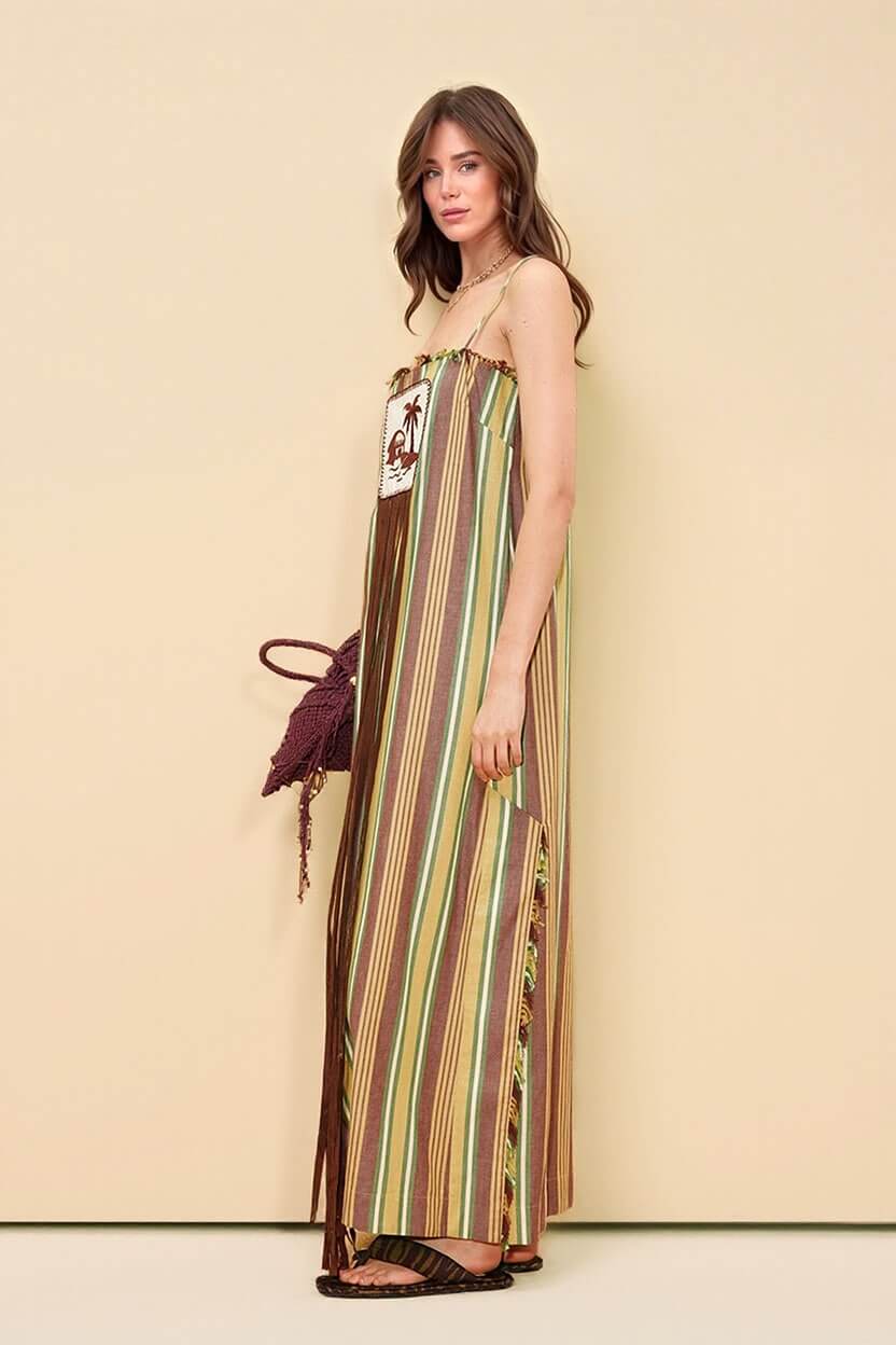 Retro Striped Palm Tree Print Spaghetti Strap Slit Maxi Dress