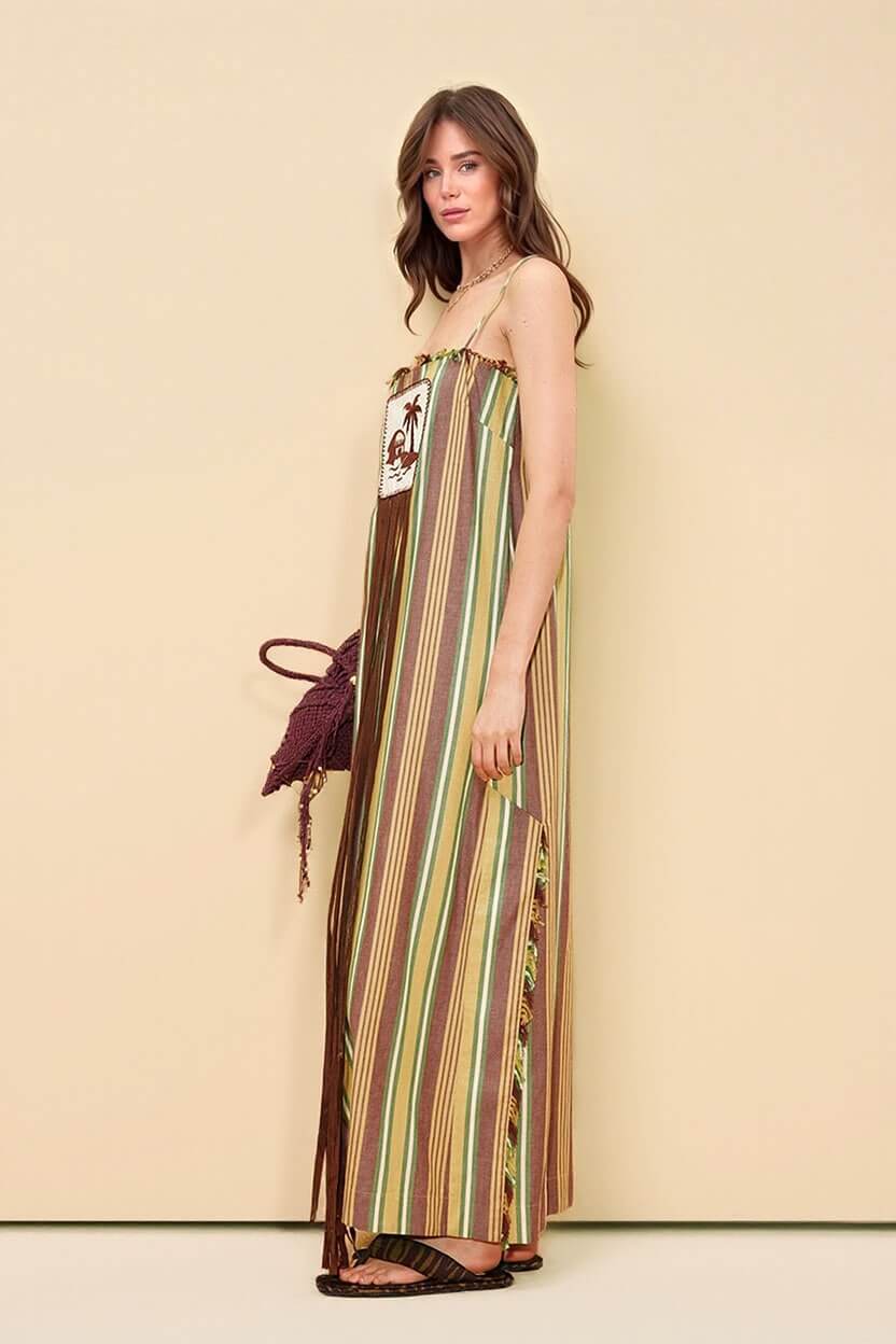 Retro Striped Palm Tree Print Spaghetti Strap Slit Maxi Dress