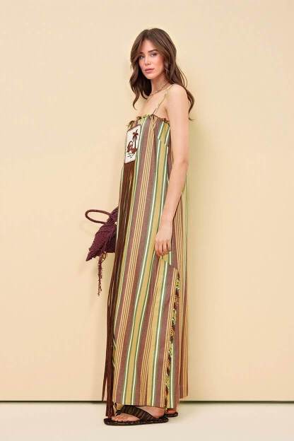 Retro Striped Palm Tree Print Spaghetti Strap Slit Maxi Dress