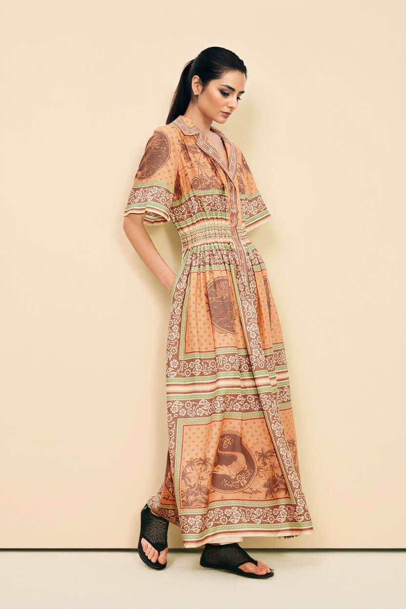 Modern Print Waist-Defined Ruched Button-Front Pocket Maxi Shirtdress