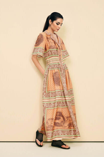 Modern Print Waist-Defined Ruched Button-Front Pocket Maxi Shirtdress