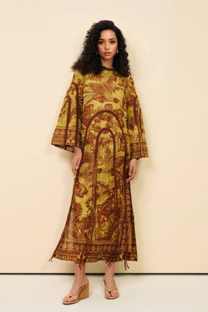 Retro Print Woven Tassel Loose Midi Dress