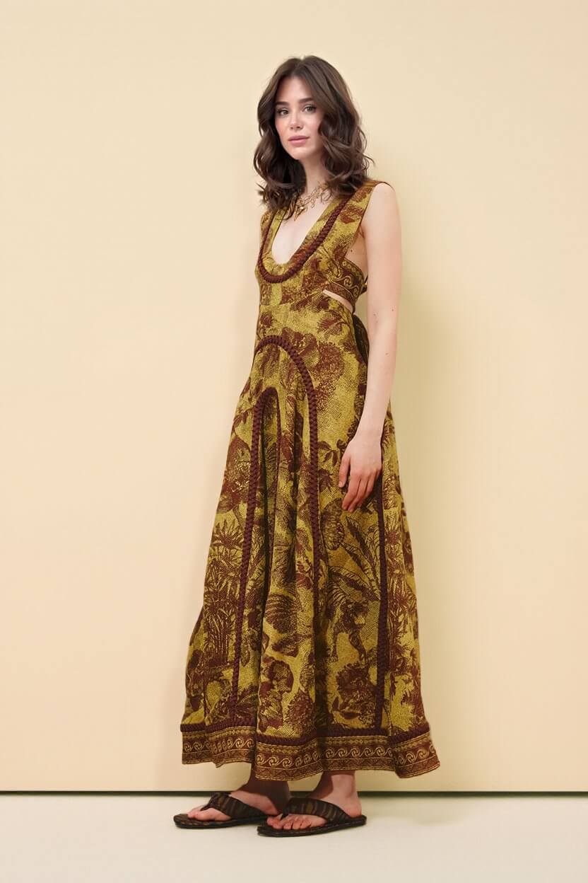 Delicate Printed Cut-Out Patchwork Knit Maxi Dress