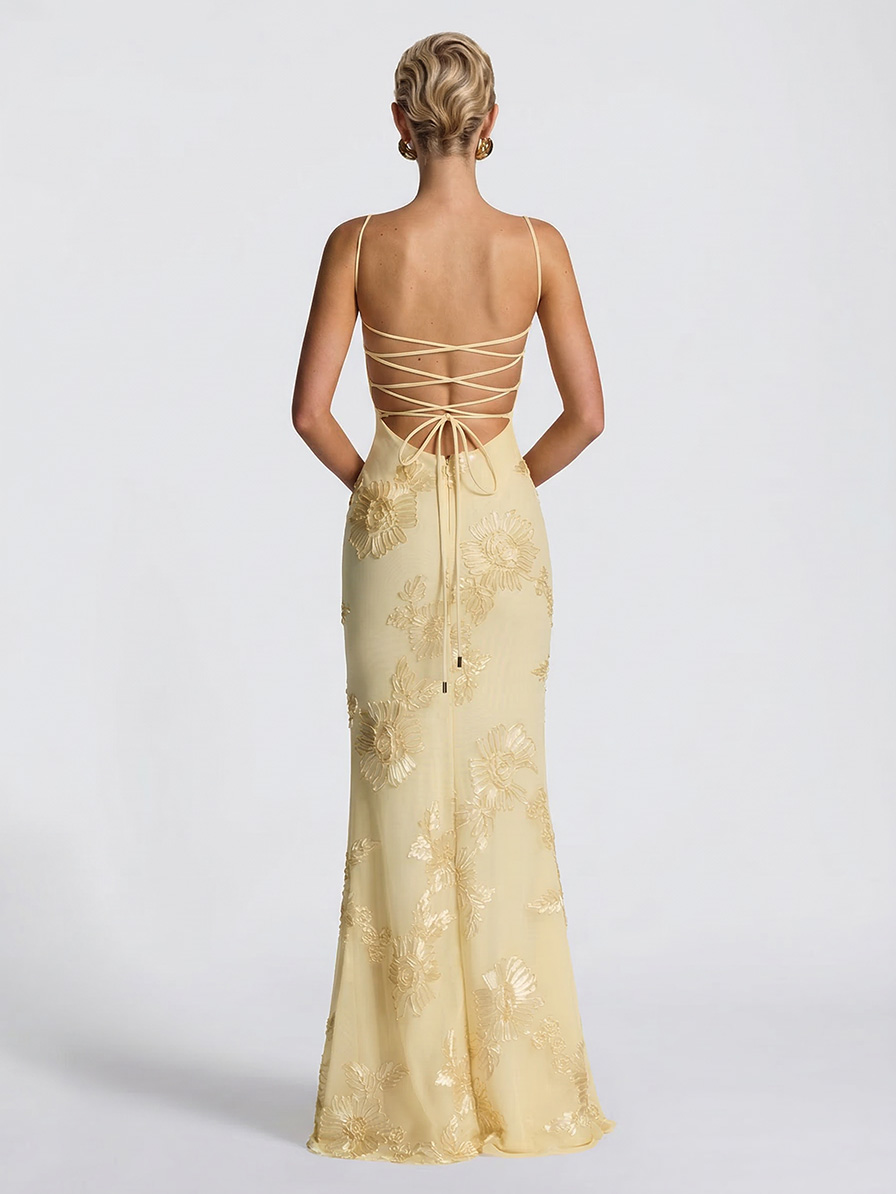 Elegant Floral Embroidered Spaghetti Strap Mermaid Maxi Dress