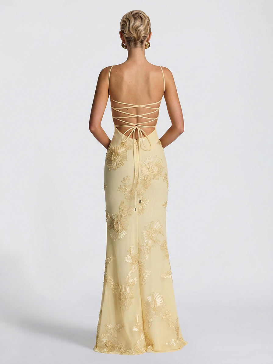 Elegant Floral Embroidered Spaghetti Strap Mermaid Maxi Dress