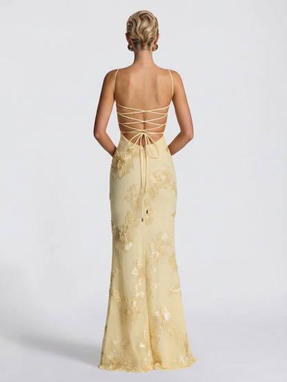 Elegant Floral Embroidered Spaghetti Strap Mermaid Maxi Dress