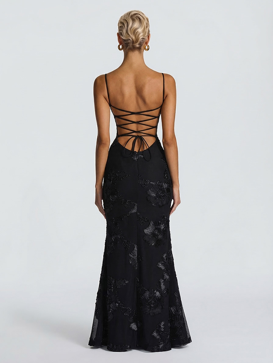 Elegant Floral Embroidered Spaghetti Strap Mermaid Maxi Dress