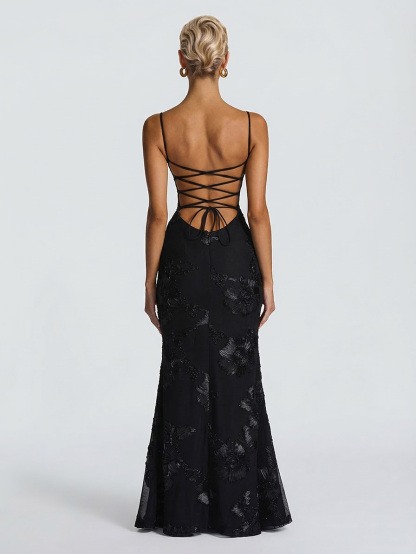 Elegant Floral Embroidered Spaghetti Strap Mermaid Maxi Dress