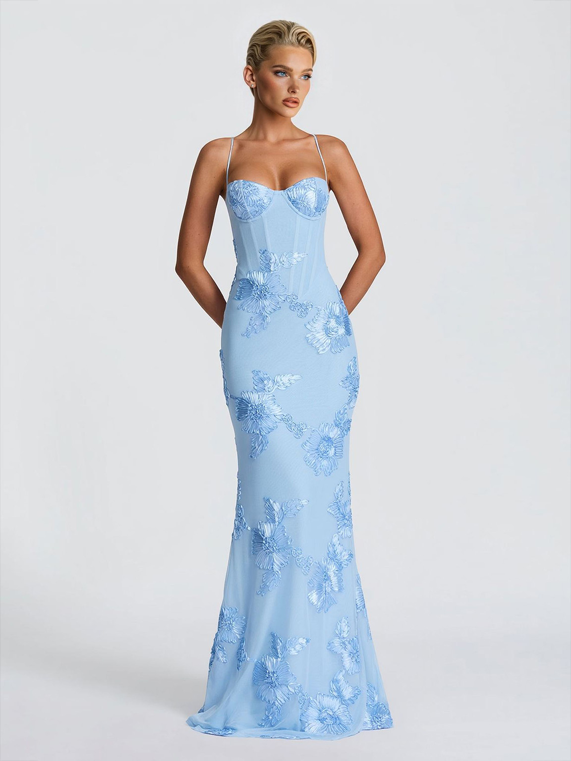 Elegant Floral Embroidered Spaghetti Strap Mermaid Maxi Dress