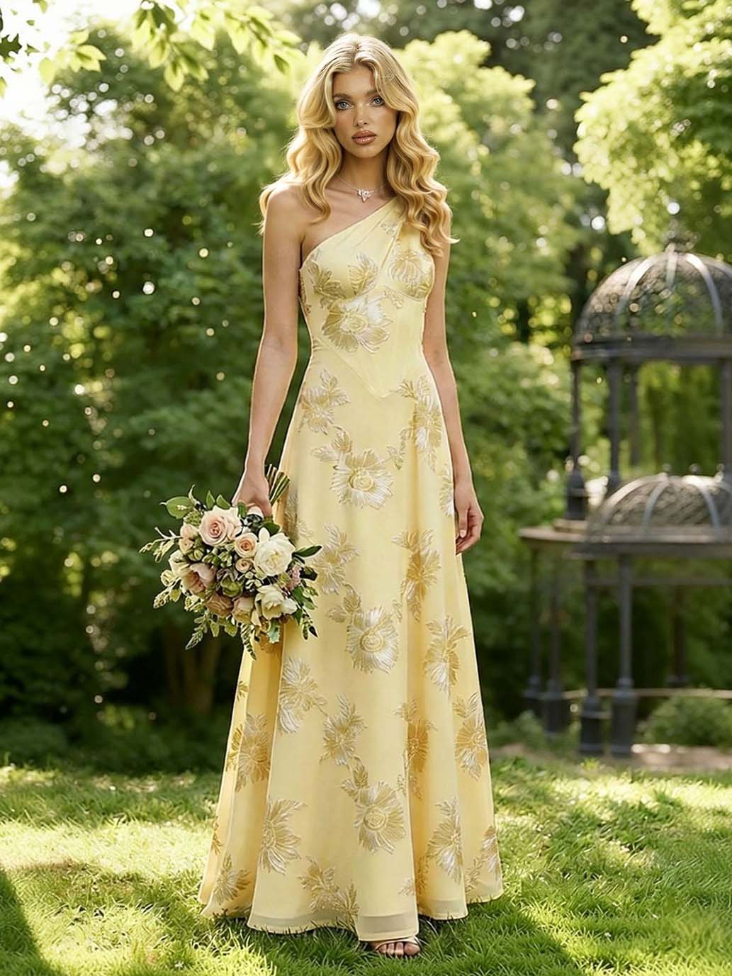 Elegant One-Shoulder Floral Embroidered Maxi Dress