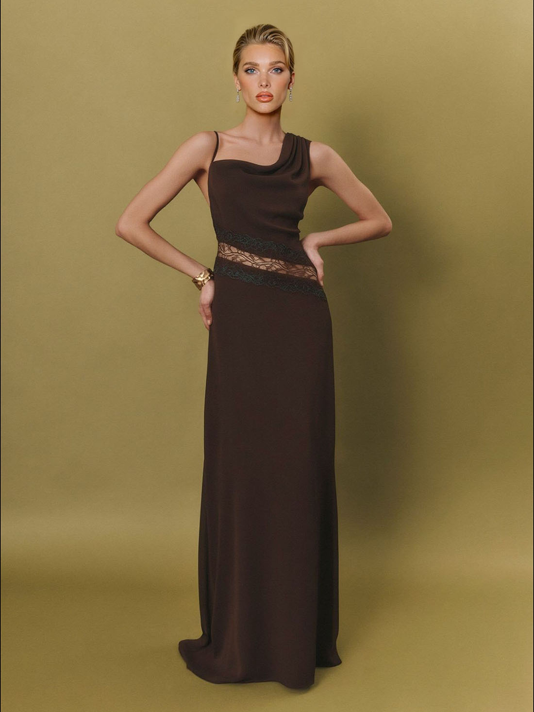 Elegant Lace Panel Draped Neck Sleeveless Maxi Dress