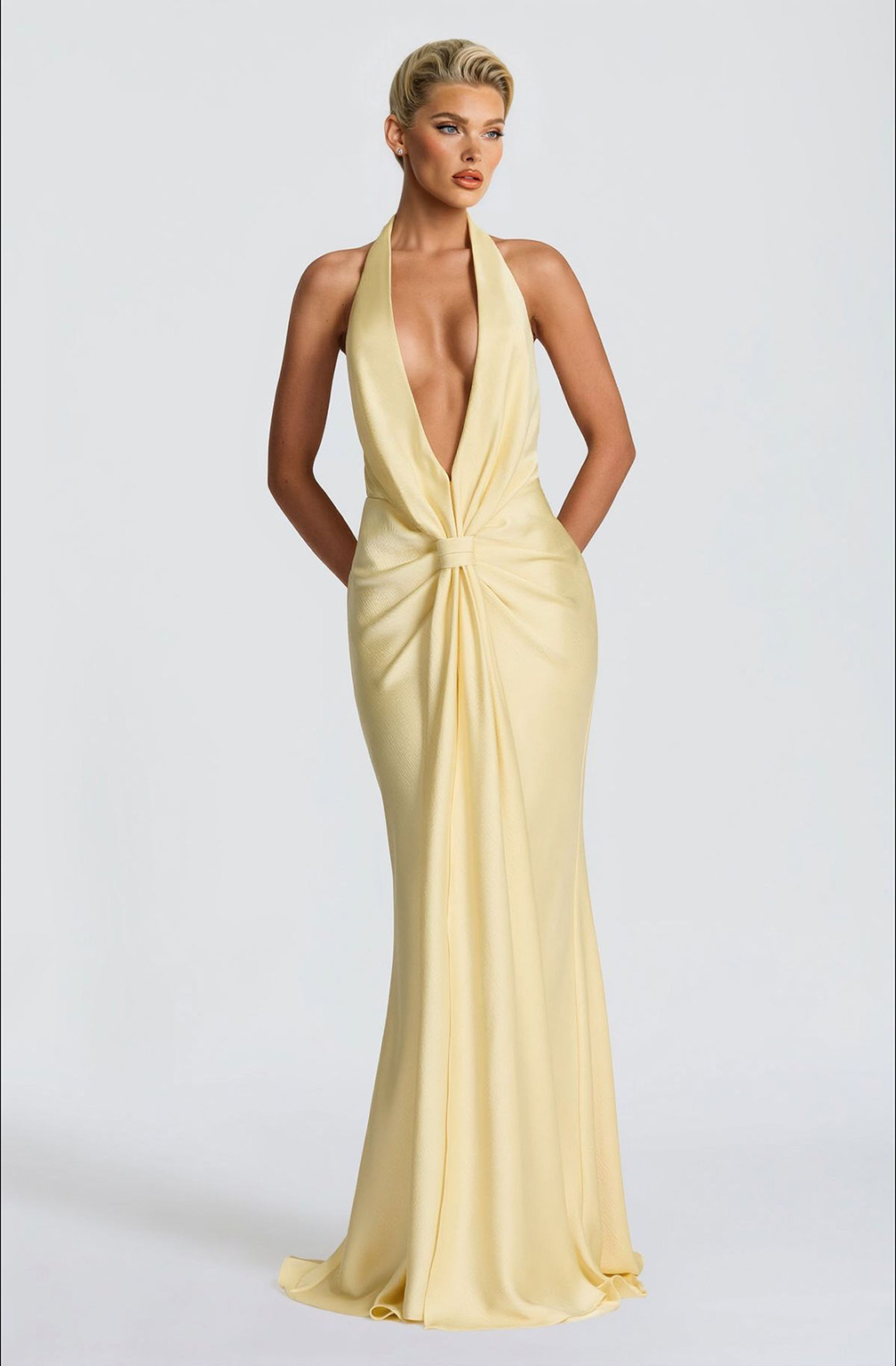 Elegant Backless Twist Front Satin Maxi Dress