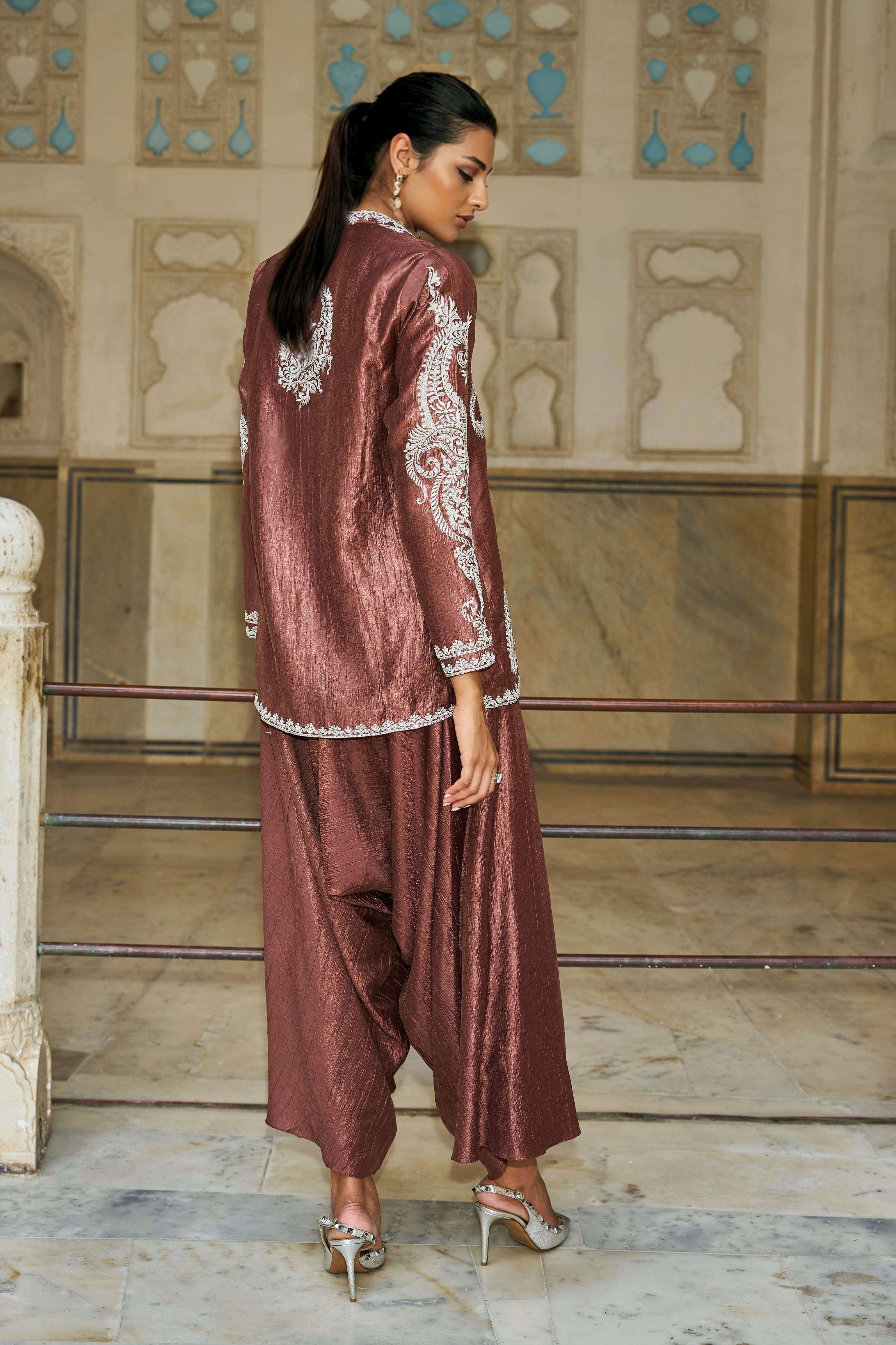 Unique Paisley Pattern V-Neck Loose Top And Pleated Harem Wide-Leg Pants Set