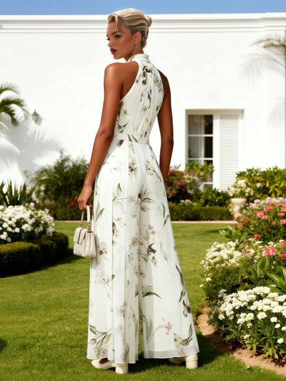 Elegant Print Halter Neck Wide-Leg Jumpsuit
