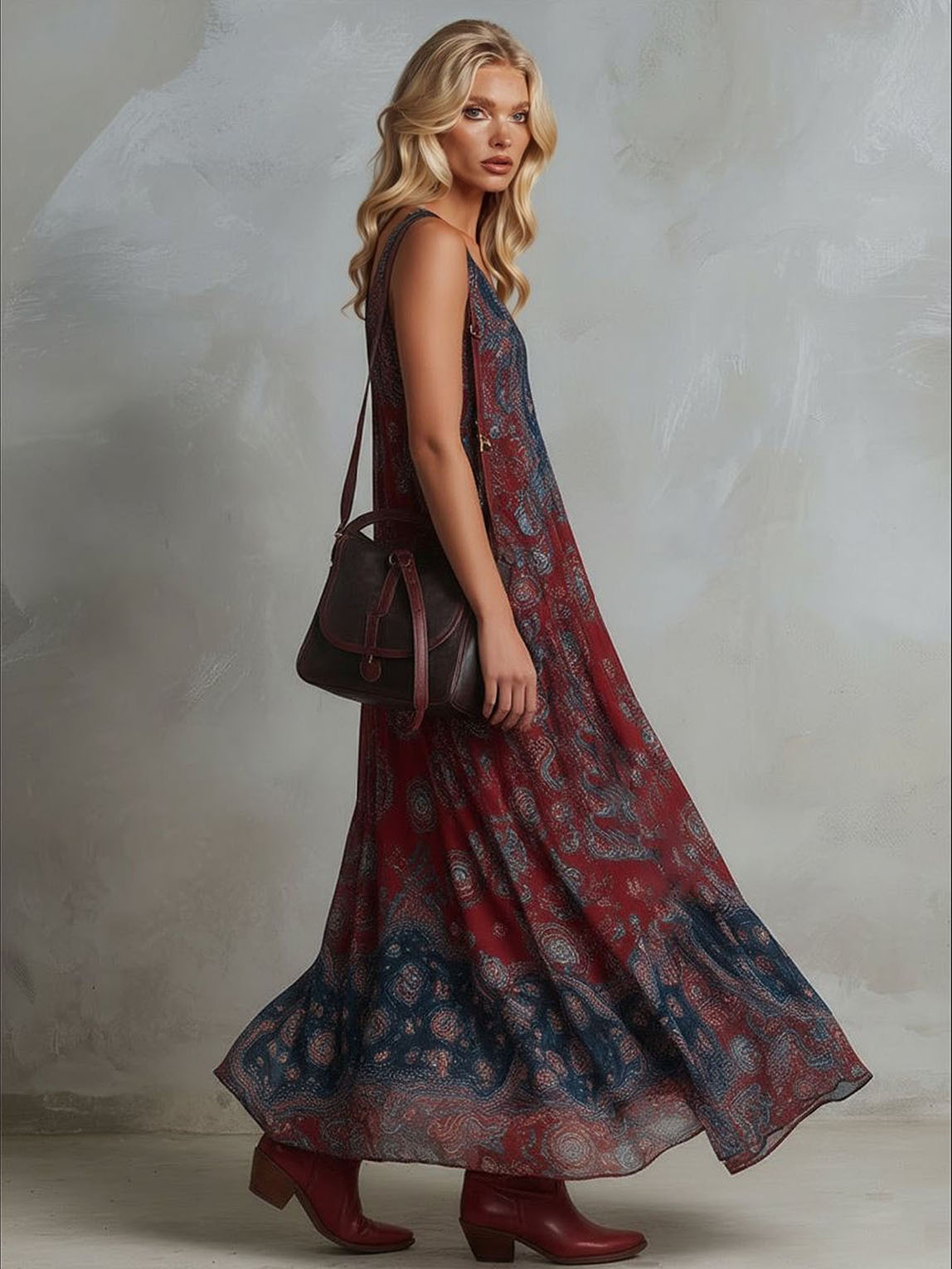 Bohemian Deep V-Neck Paisley Print Flowing Maxi Dress