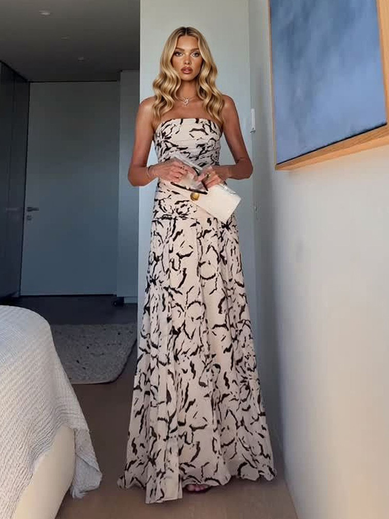 Elegant Strapless Abstract Brushstroke Print Flowy Maxi Dress