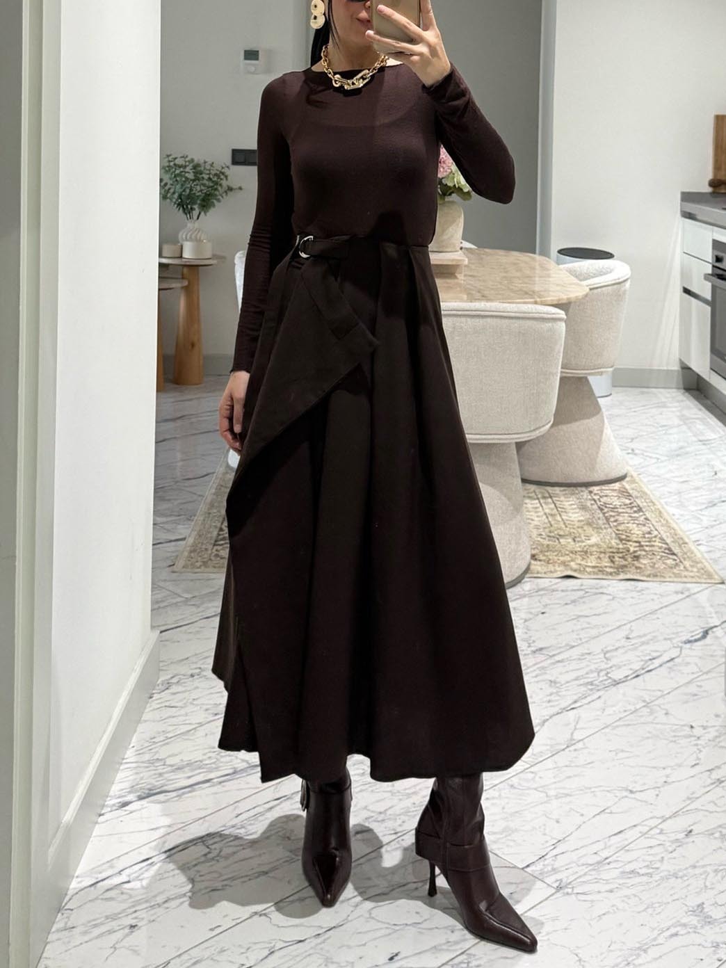 Exquisite Pleated Flared Midi Skirt Two-Piece Set