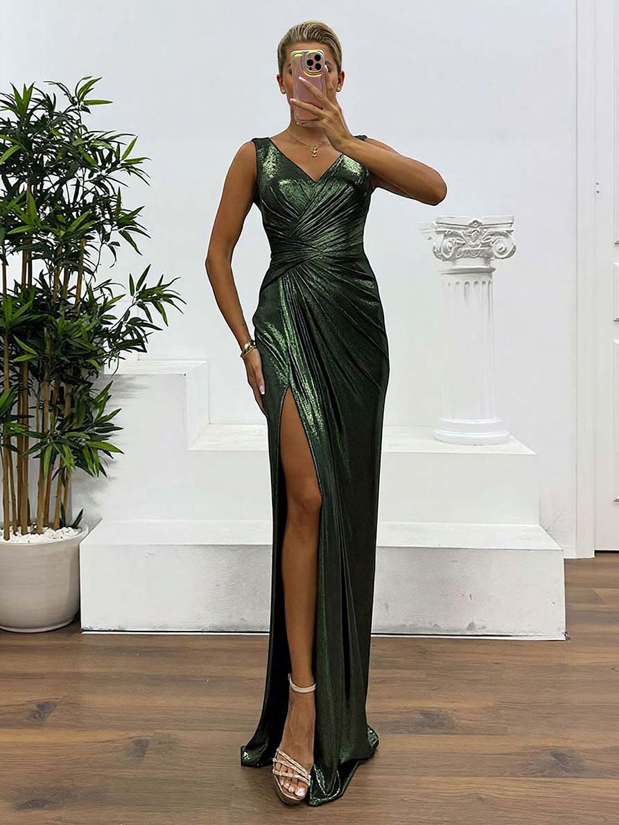 Elegant V-neck Draped Evening Gown Maxi Dress