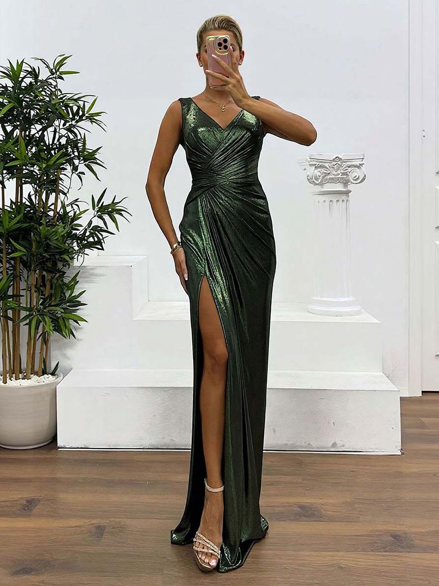 Elegant V-neck Draped Evening Gown Maxi Dress